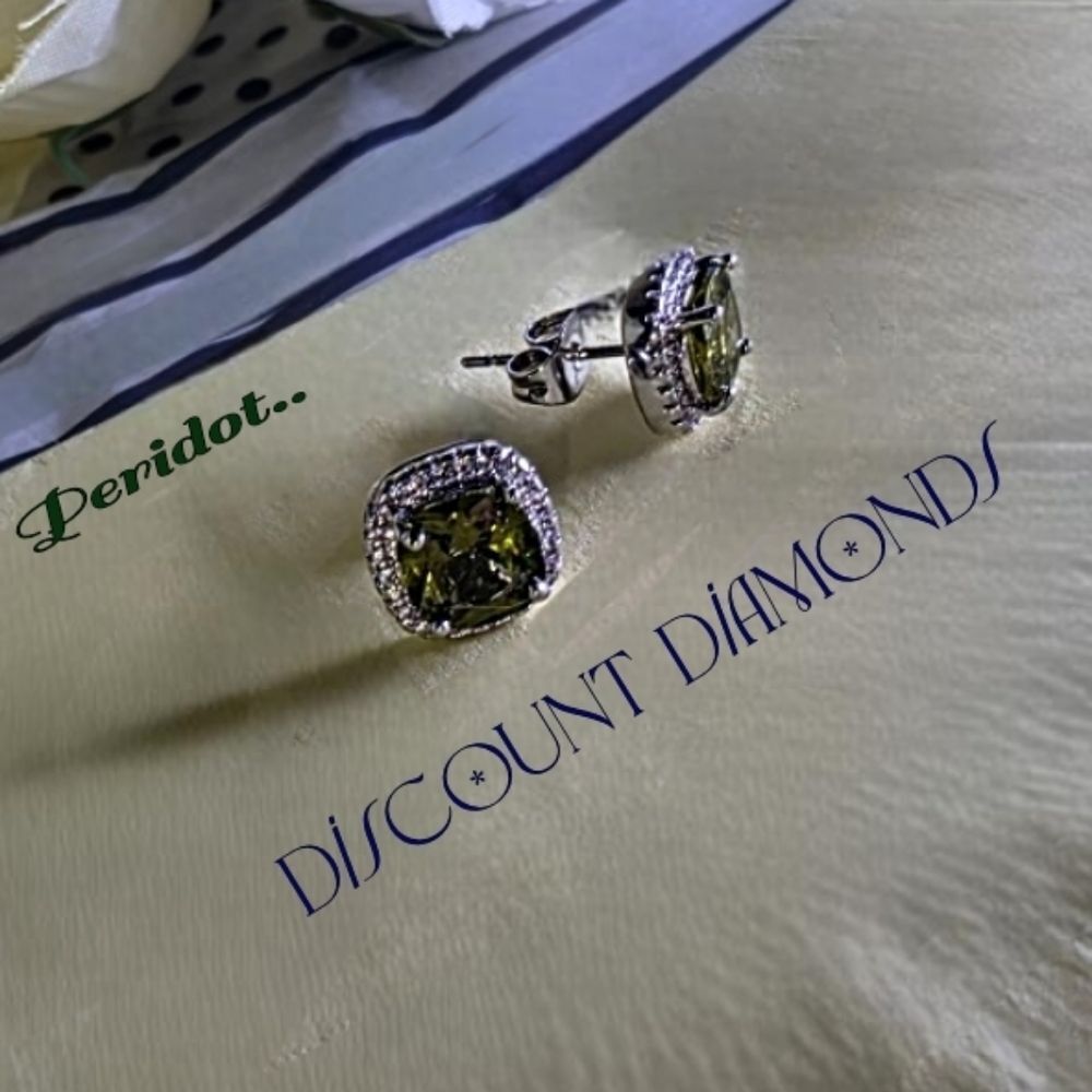 Peridot & Clear White Diamond Stud Earrings on 925 Silver